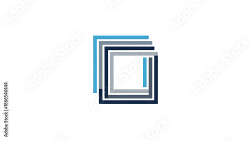 Abstract geometric design with stacked blue and grey square frames on isolated white background.