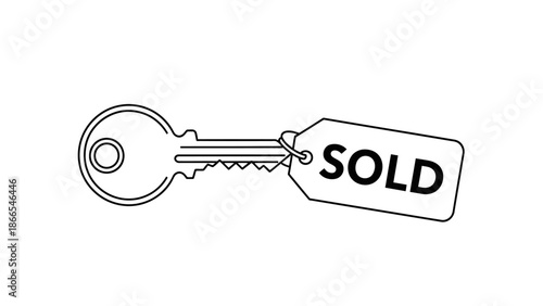 Outline house key with a "SOLD" tag attached, symbolizing property ownership transfer on isolated white background.