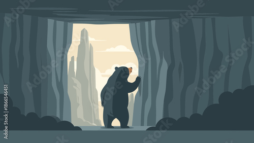 Curious Bear Exploring A Mountain Cave Scenic Adventure Illustration