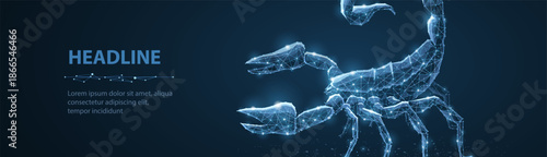 Scorpio. Abstract 3d scorpio isolated illustration on blue. Fantasy style. Polygonal wireframe vector. Line drawing. Futuristic technology, astrology esoteric, astrological constellation concept.

