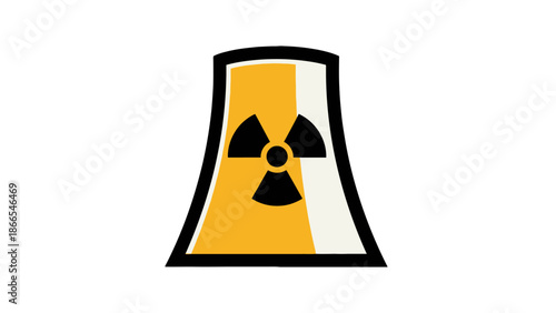 Nuclear Cooling Tower with Yellow Radiation Symbol, Isolated White Background