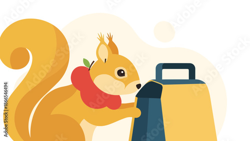 Curious Squirrel Inspecting Suitcase With Apple Collar On A Light Background