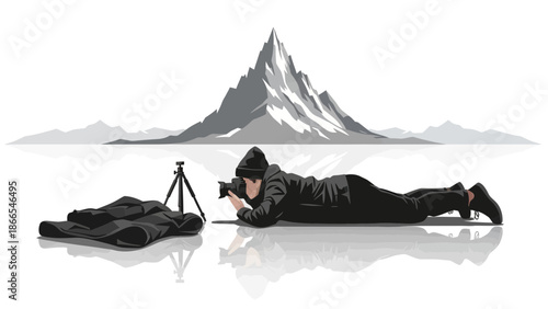 Dedicated Photographer Capturing Majestic Mountain Range With Professional Equipment