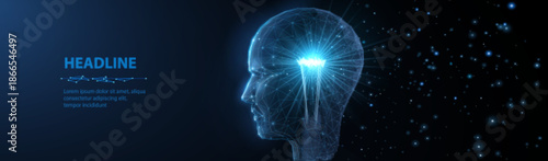 Poligonal lightbulb with face. Innovation in the digital age. Cyber robot, Ai technology, artificial mind, Human cognition, IQ test, digital innovation, Artificial intelligence, abstract concept

