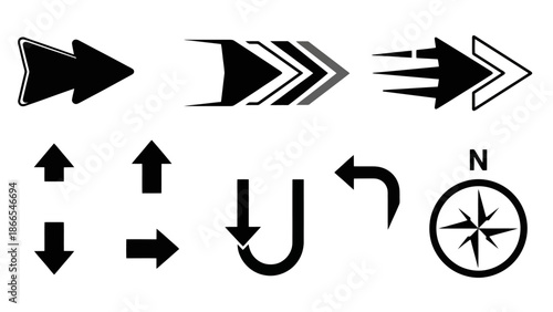 Diverse Collection of Black Arrow Icons and Compass Symbol on Isolated White Background