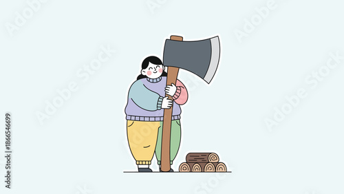 Cute Cartoon Woman Holding Big Axe Ready for Woodworking Lumberjack Work
