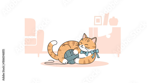 Cute Ginger Kitten Wearing a Bow Playing with a Ball of Yarn at Home
