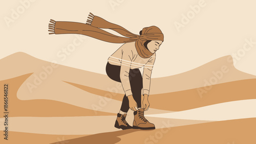 Desert Explorer Tying Her Boot Laces In Sandy Scenery Adventure Awaits