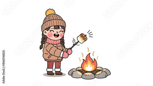 Cute Girl Roasting Marshmallow Over Campfire Winter Illustration Scene With Smiling Face