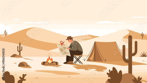 Desert Explorer Planning Adventure By Campfire Under Hot Sun In Wild Landscape