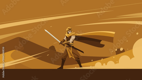 Desert Guardian Ready For Battle Against Adversity In Sand Dunes Landscape