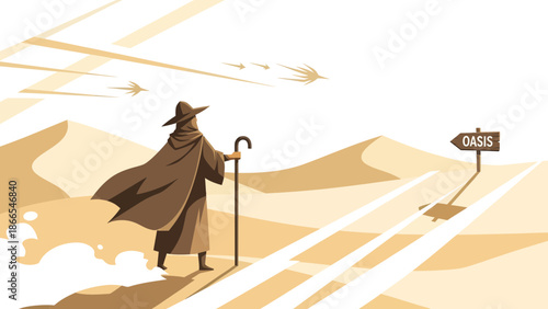Desert Journey To Oasis Hopeful Expedition in Arid Landscape Vector Graphic