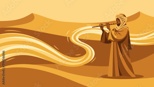 Desert Melody Man Playing Flute Amidst Sandy Dunes Expressing Serenity