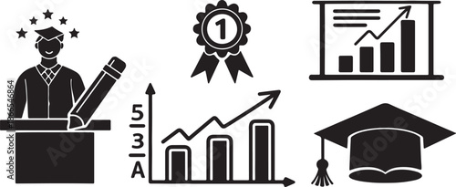 Set of academic and achievement icons including graduate, pencil, award, charts, and graduation cap