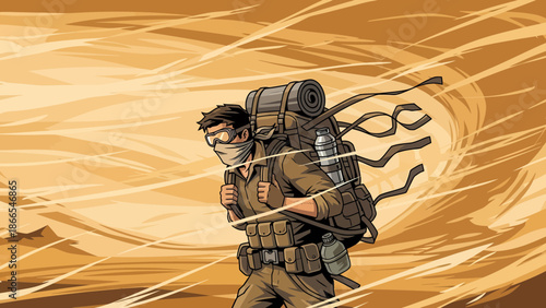 Desert Traveler Man with Backpack Exploring in a Cartoonish Sandstorm Scene