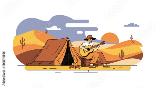 Desert Serenade: Cowboy Guitarist By Campfire Under Sunset In Minimalist Illustration