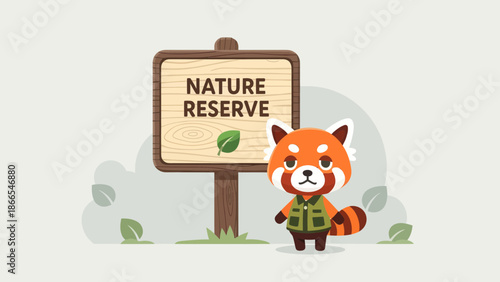 Cute Red Panda Ranger Protecting Nature Reserve Cartoon Illustration