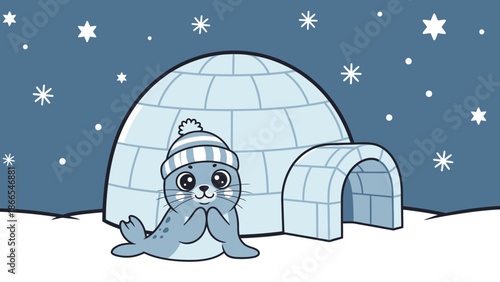 Cute Seal In Hat Near Igloo During Snowy Night Winter Illustration