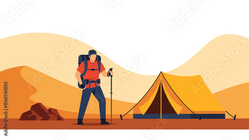 Desert Trekker Reaching Camp After Long Hike Vector Illustration