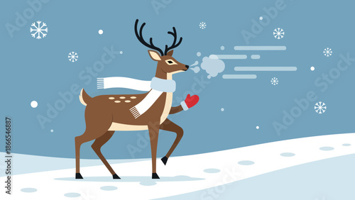Cute Reindeer Walking Through The Snow Wearing A Scarf And Mittens