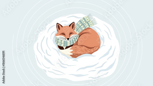 Cute Sleeping Fox Illustration Wearing Scarf In Winter Snow Scene Graphic Resource