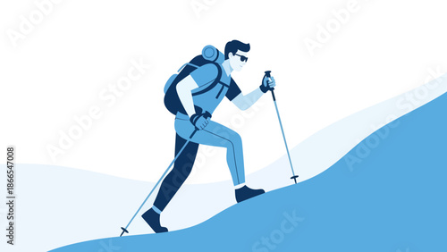 Determined Hiker Ascending Mountain Slope With Trekking Poles And Backpack