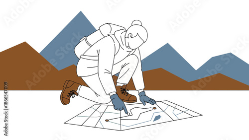 Determined Hiker Plans Her Mountain Route Using a Detailed Topographic Map