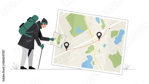 Determined Hiker Planning A Route With A Topographic Map Adventure Concept