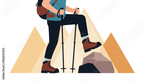 Determined Hiker Climbing Mountain To Reach The Top With Hiking Poles