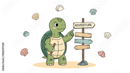 Cute Turtle Traveler Points To Adventure Wooden Signpost With Sea Shells