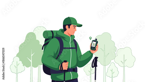 Determined Hiker Using Navigation System In Forest Landscape Adventure