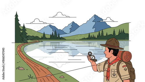 Determined Hiker Uses Compass For Navigation In Scenic Mountain Landscape