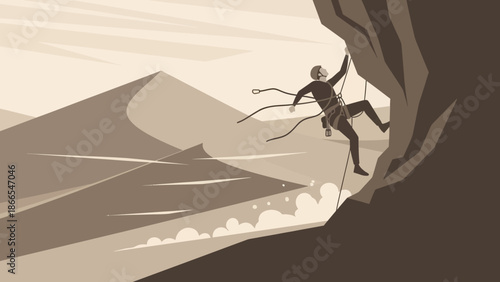 Determined Man Rock Climbing Adventure Challenge Overcoming Mountain Peaks Landscape