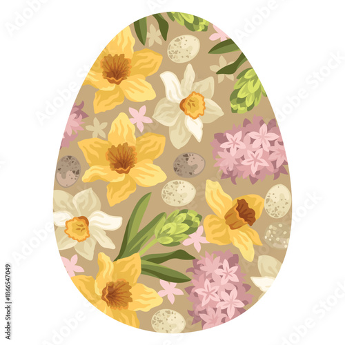 Hand-drawn spring Easter egg shape greeting card with yellow daffodil and pink hyacinth blooming flowers and bird eggs