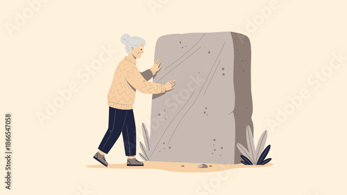 Determined Senior Woman Pushing Large Boulder Overcoming Obstacles Metaphor Concept