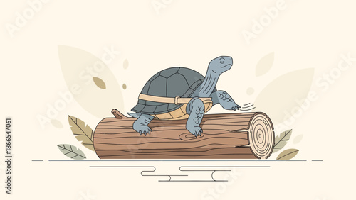 Determined Turtle Achieves Balance On The Wooden Log In Nature Scene Concept