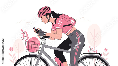 Cyclist Checks Her Phone While Riding Bike Through Park On Beautiful Day