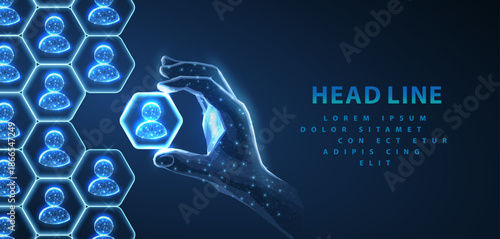 HR manage. Abstract hexagon puzzle with human icons and hand. Manage human resurse, team leader, recruitment process, change personnel, teamwork, company structure, career growth, leadership concept

