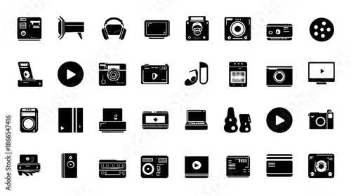 Multimedia and Technology Device Icons Set. Digital Entertainment, Audio, Video, Photo, and Computer Glyph Silhouettes Collection.