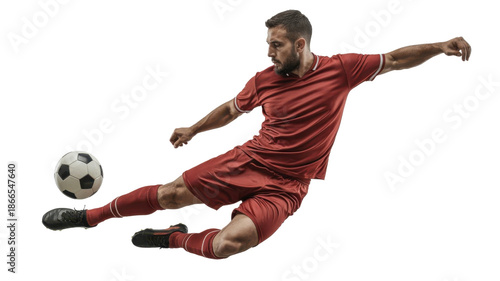 Soccer player kicking the ball in mid-air