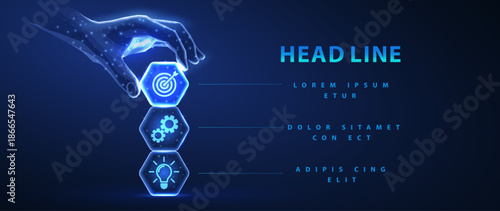 Drone. Low poly 3D robotic hand interacting with hexagonal interface. Artificial intelligence control, automation system, futuristic human-machine interaction concept. Polygonal illustration.