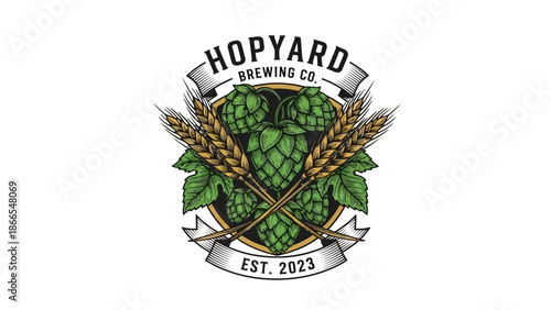 Vintage Craft Beer Brewery Hops and Wheat Emblem Vector
