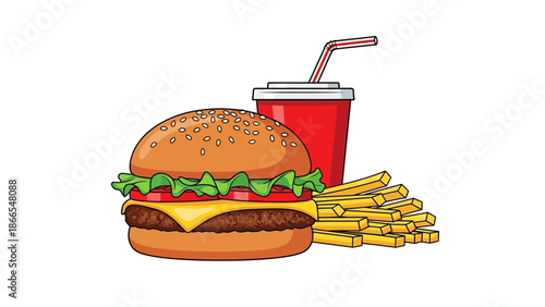 Classic Fast Food Cheeseburger Fries and Soda Vector