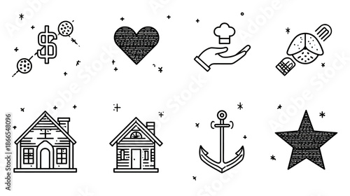 Doodle line art icons set featuring finance, love, culinary, food, home, nautical, and star symbols. Black and white sketch collection.