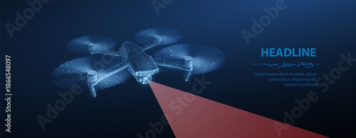 Drone. Abstract 3d drone isolated on blue. Military technology, aerial monitoring, futuristic videography, security innovation, remote video, digital tech, quadcopter concept. Polygonal illustration.
