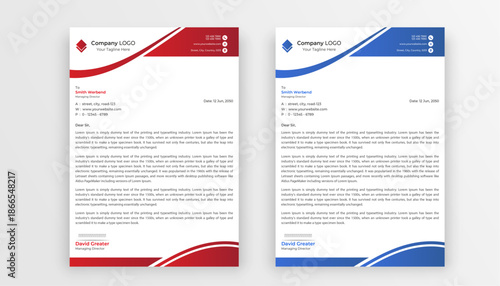 Two sample business letterheads with red and blue design on white background
