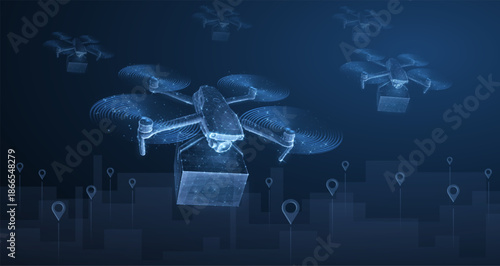 Drone. Low pole 3D drone on cityscape with pins. Futuristic box delivery, aerial technology, city drones , logistic innovation, urban food service, quadcopter tech concept. Polygonal illustration.

