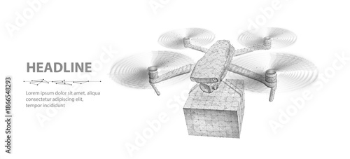 Drone for air delivery. Polygonal 3d drone with box. Innovate deliver technology, aerial transport, futuristic service, industry innovation, remote distribution, digital tech, quadcopter concept.

