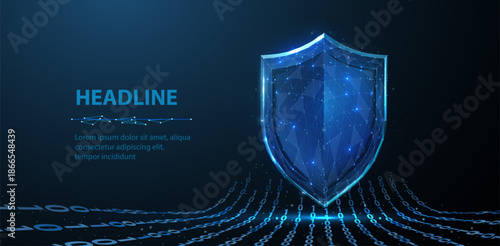 Secure technology. Polygonal wireframe shield with lock sign on dark blue. Secure service, protect data, cyber shield, antivirus solution, internet safety, firewall system, privacy concept

