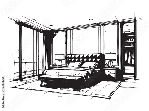 Modern Bedroom Interior Design Sketch with Large Windows